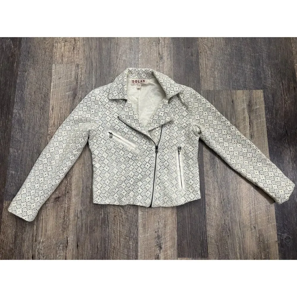 Dolan Left Coast Collection Eyelet Moto Jacket Cream Blue Cotton XS 173140